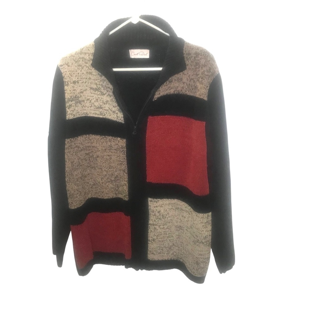 Vintage Colorblock Zip-Up Knit Sweater Jacket